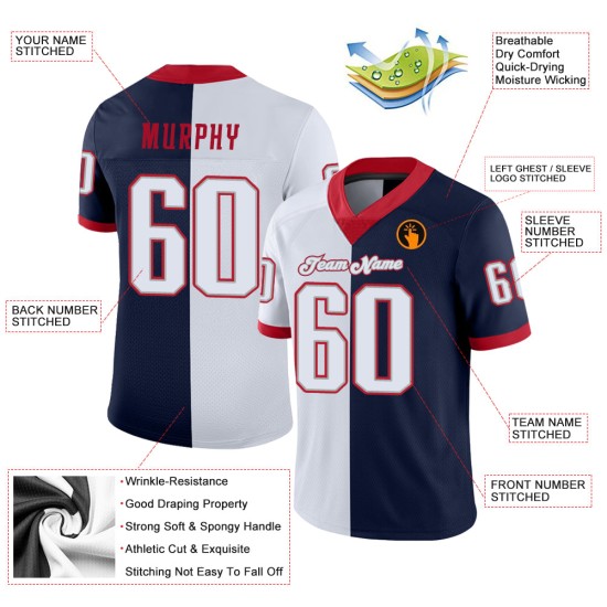 Custom Navy White-Scarlet Mesh Split Fashion Football Jersey Custom Navy White-Scarlet Mesh Split Fashion Football Jersey