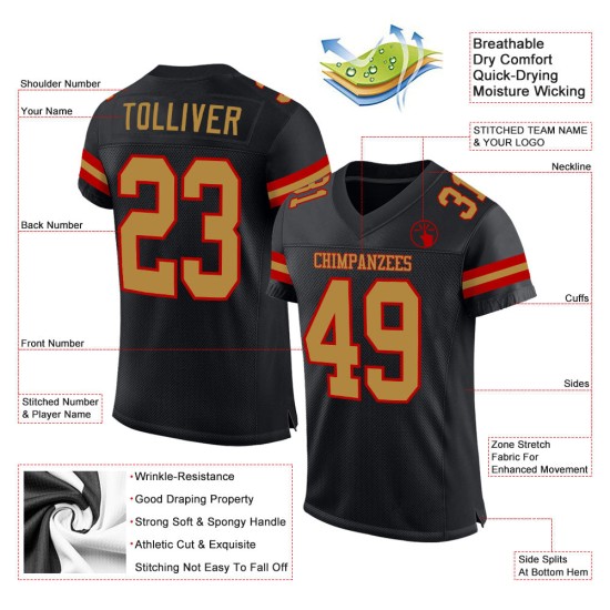 Custom Black Old Gold-Red Mesh Authentic Football Jersey Custom Black Old Gold-Red Mesh Authentic Football Jersey